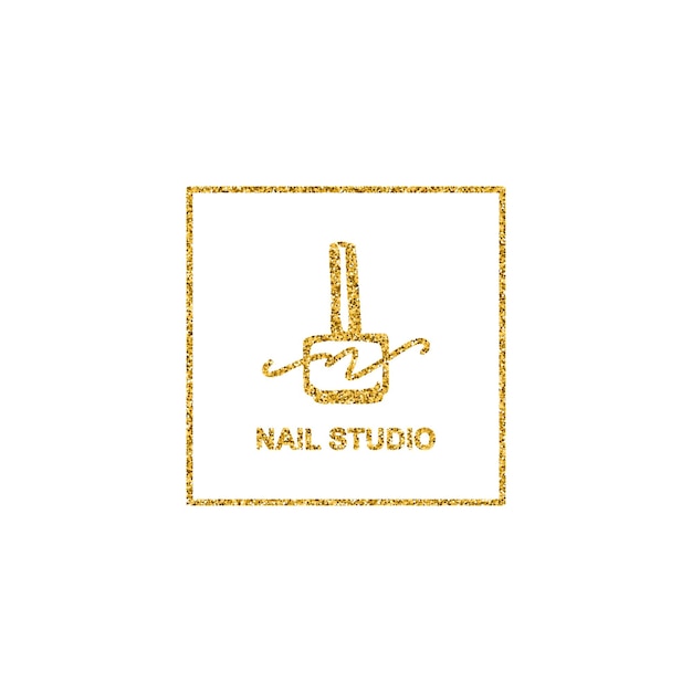 Nagellack-logo mit goldener glitzer-textur im trendigen minimalistischen linearen stil. logo für einen schönheitssalon oder eine maniküre. vorlage für die verpackung von nagellack, nagel, seife, schönheitssalon.