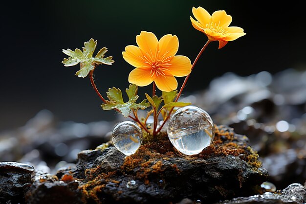 Vektor nahaufnahme einer rosa blühenden saxifrage-alpenpflanze im wasser schöne reflexionen