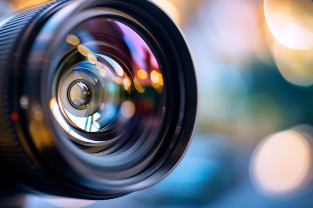 Nahaufnahme von Kameraobjektiv und verschwommenem Hintergrund Nahaufzeichnung eines professionellen Fotokameras