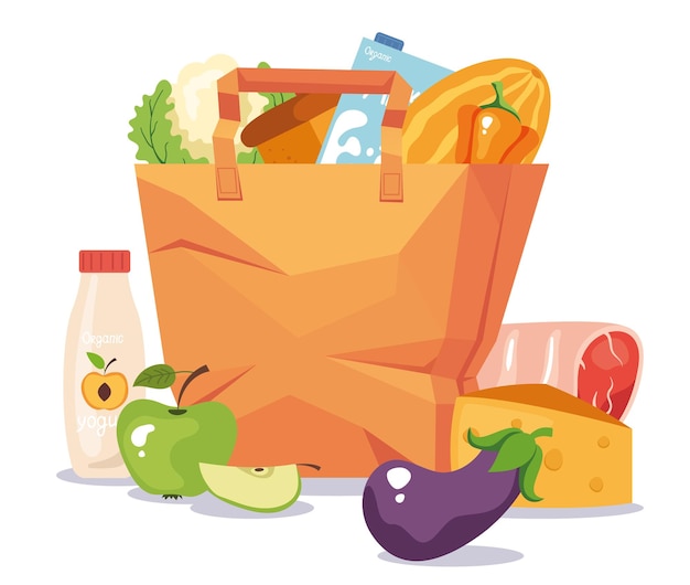 Nahrungsmittel-, Obst- und Gemüsetaschenkorb-Konzept flache Grafik-Design-Illustration