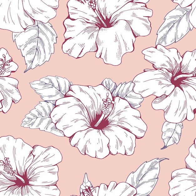 Vektor nahtlos umrissenes blumenmuster. hibiskus-wiederholungsdruck, endloser blumenhintergrund im vintage-stil. botanisches design, textur für tapeten, stoff. handgezeichnete detaillierte retro-vektorillustration