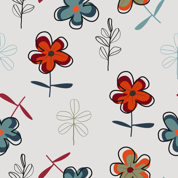 Vektor nahtlose abstrakte handgezeichnete blumen mit pinselstrichmuster-hintergrundvektorillustration