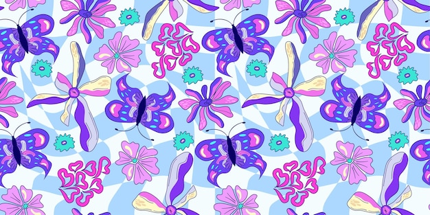 Nahtlose blume und schmetterling trippy psychedelisches muster lila psychedelisches nahtloses muster magischer blumengänseblümchendruck trippy design hippie floral flache illustration retro 2000-druck