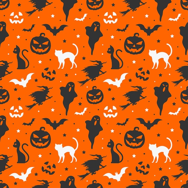 Nahtlose Halloween-Muster-Hintergrundillustration mit Geisterkürbissen und auf orangefarbenem Hintergrund