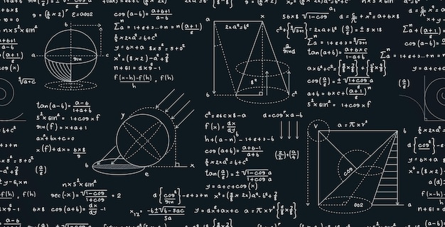 Nahtlose hintergrundvektorbildung mit mathematischen formelgleichungen auf einer tafel