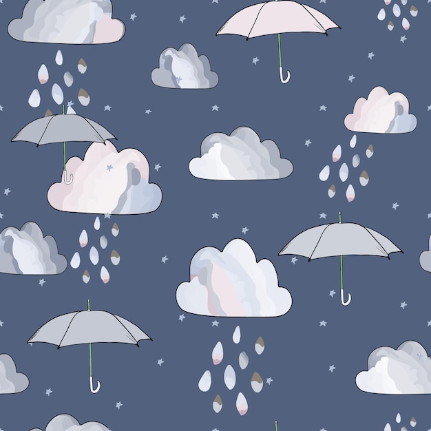 Vektor nahtlose illustration von wolken und regenschirm mit fallendem regen kinderdruck für den druck auf druck sportbekleidung leer für designer