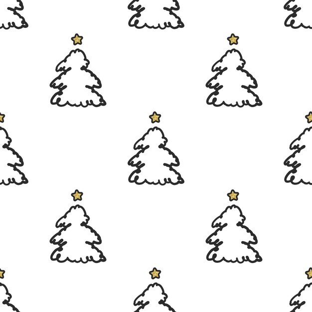 Nahtlose minimale hand zeichnen weihnachtsbaum mit goldenem sternmuster hintergrund