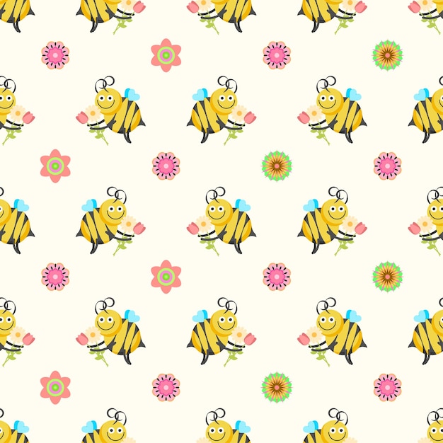 Nahtlose Muster, abstrakte Elemente, verschiedene Bienen-Insekten-Käfer mit Blumen-Vektor-Design-Stil