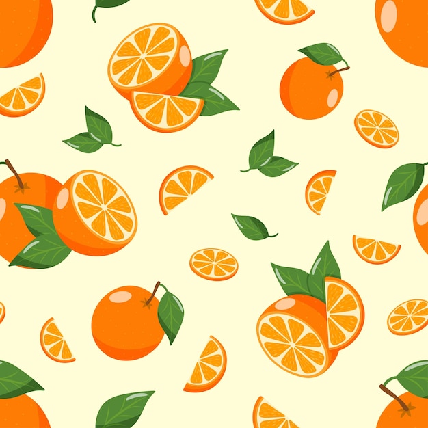 nahtlose Muster auf gelbem Hintergrund Orangen mit Blättern