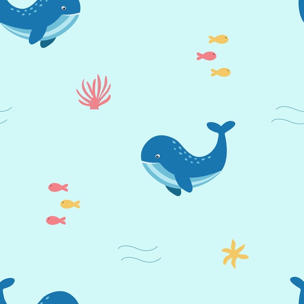 Nahtlose Muster Cartoon niedlichen Wal Endloser Hintergrund zum Bedrucken von Kinderkleidung oder Tapeten Vektor-Illustration des Unterwasserwelt-Konzepts