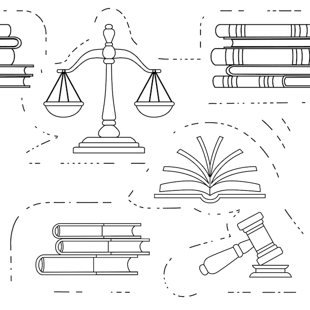 Nahtlose muster-gerechtigkeitswaage und hölzerner richterhammer-gesetzhammer-schild mit büchern von gesetzen, gesetzen und auktionssymbolen, flache vektorillustration auf weißem hintergrund, umrissstil