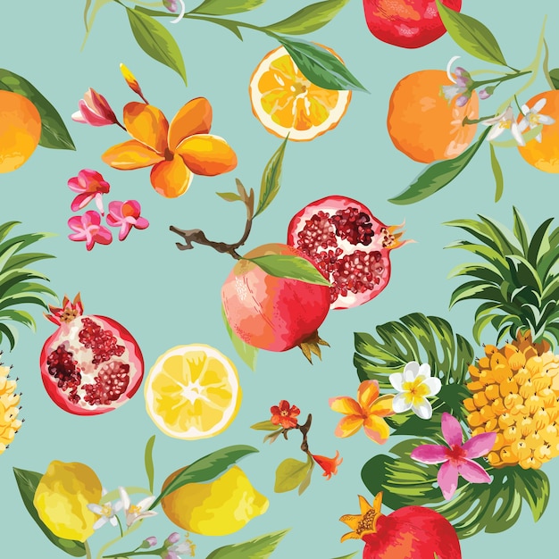 Nahtlose Muster mit tropischen Früchten. Granatapfel, Zitrone, Orangenblüten, Blätter und Früchte Hintergrund.