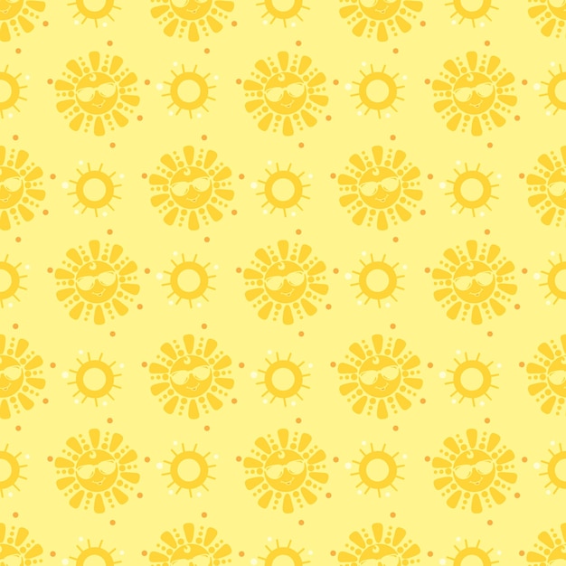 Nahtlose muster süße gelbe sonne in sonnenbrille lächelt auf gelbem hintergrund vektor-illustration