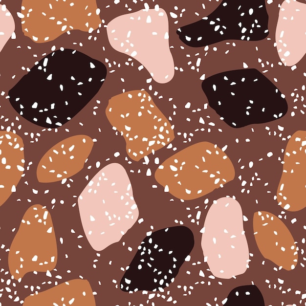 Nahtlose muster terrazzo auf braunem hintergrund isoliert. vintage-steinboden. modedruck im textildesign. vektor-illustration