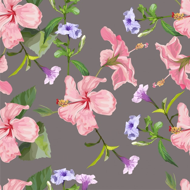 Nahtlose Musterillustration der Frühlingsblume Hibiscus und Ruellia tuberosa