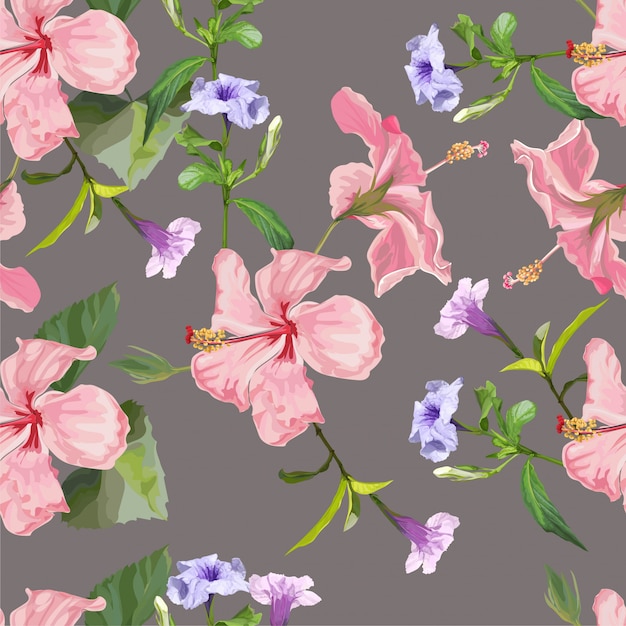 Nahtlose musterillustration der frühlingsblume hibiscus und ruellia tuberosa