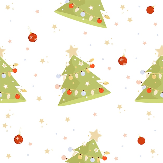 Nahtlose Neujahr Muster Weihnachtsbaum mit Kugeln auf weißem Hintergrund mit Sternen