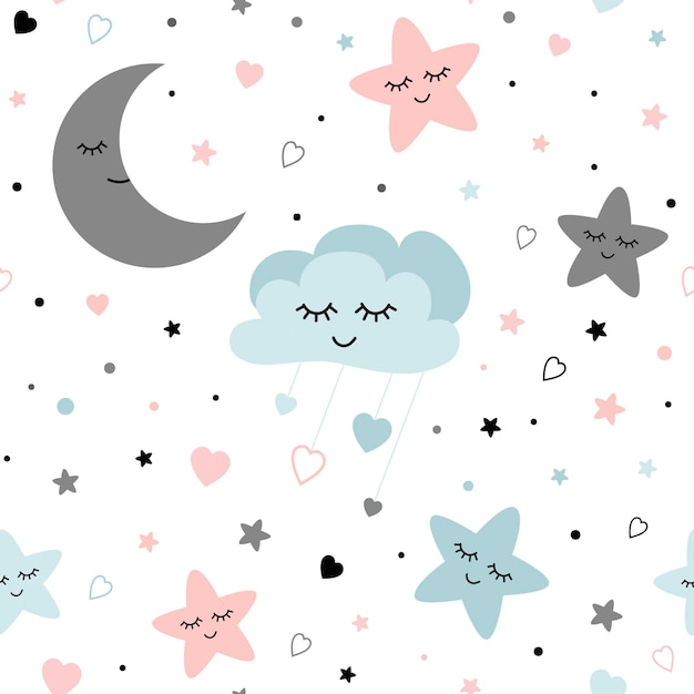 Nahtlose niedliche Kindermuster Niedliche Babysterne und Wolken Mond Kreativer Nachtstil für Kinder in hellrosa, blauer, grauer Farbe, Textur für Stoffverpackungen, Textilhintergrund Kinderpyjamas Vektorillustration