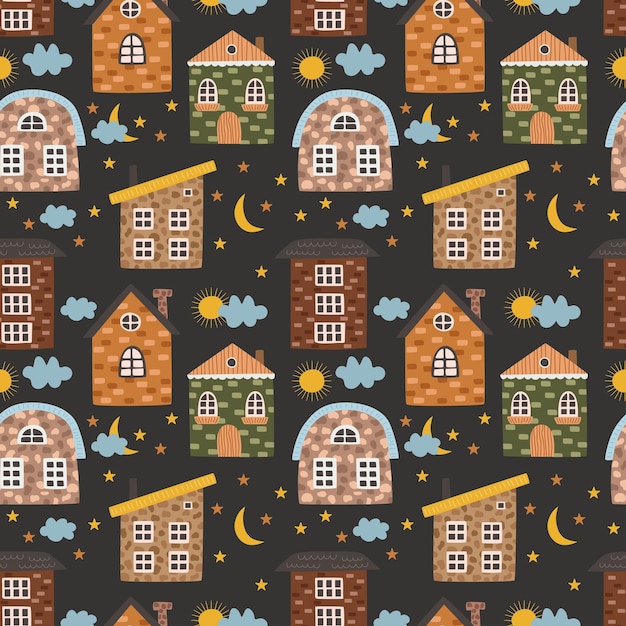 Nahtlose skandinavische Stadthäuser Sterne Wolken Bunter flacher Vektor Nahtloses Muster Vektorillustration im flachen Cartoon-Stil