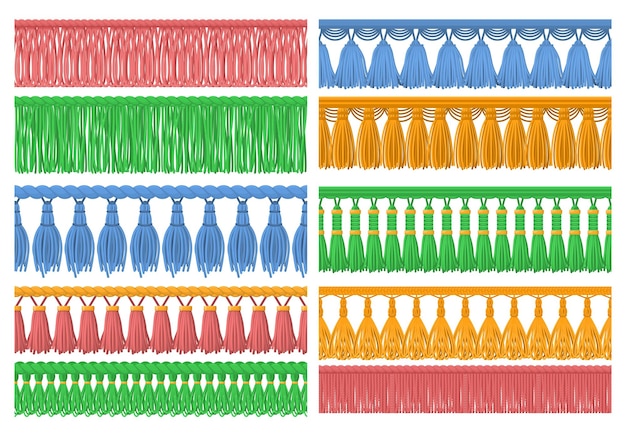 Nahtlose stofffransen rüschennahtbesatz quastenrandrüschen und dekoratives ornament-vektorset für kleidungsstücke