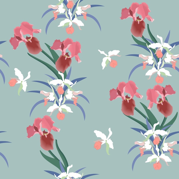 Nahtlose Vektorillustration mit Blumen von Orchideen und Iris