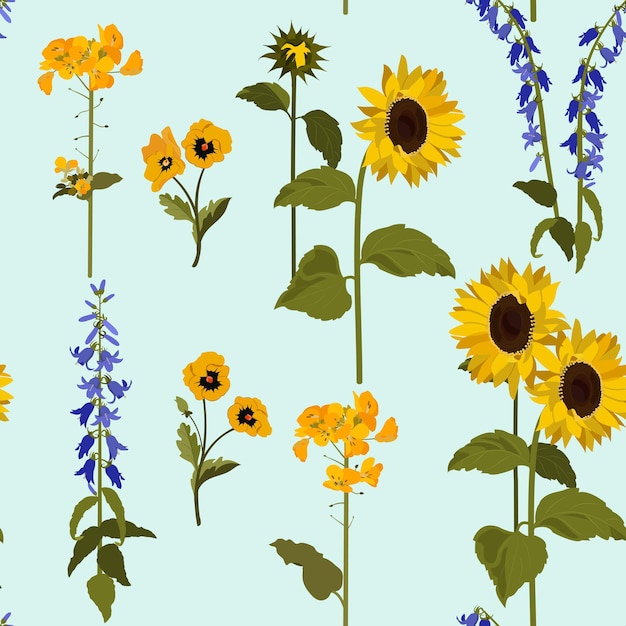 Nahtlose vektorillustration mit sonnenblumen-stiefmütterchen und campanula auf blauem hintergrund