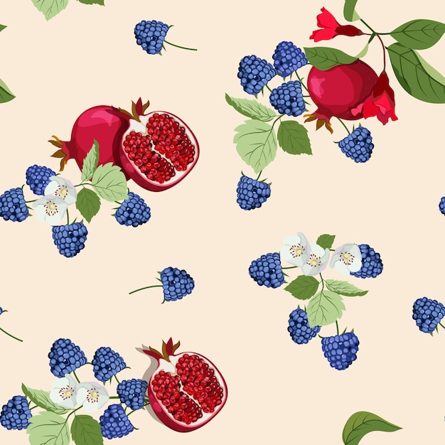 Nahtlose Vektorillustration mit Zweigen reifer Granatäpfel und Brombeeren auf beigem Hintergrund für das Webdesign von Textildekorationsverpackungen