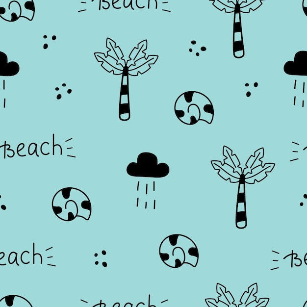 Nahtloser blauer sommerdruck vektor-doodle-muster mit palm beach seashell doodle-hintergrund