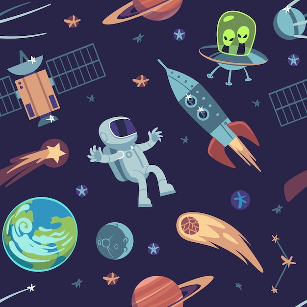 Nahtloser hintergrund des karikaturraums. hand gezeichnetes galaxienmuster mit raumschiffen satelliten planeten astronauten, kinder kritzeln