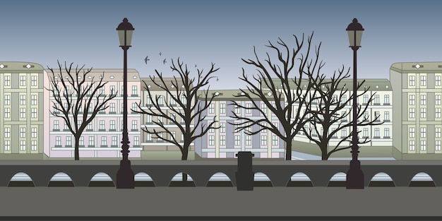 Nahtloser hintergrund für arcade-spiele oder animationen. europäische stadtstraße mit gebäuden, bäumen und laternenpfählen. illustration, parallaxe bereit.