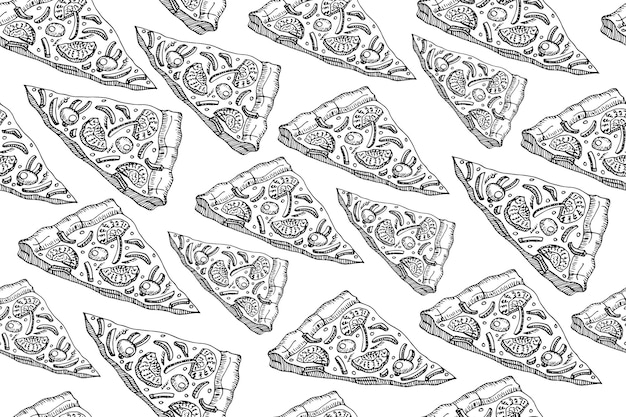 Nahtloser Hintergrund mit handgezeichneten Vektorstrichzeichnungen von Pizzastücken Pizza mit Pilzskizze auf weißem Hintergrund
