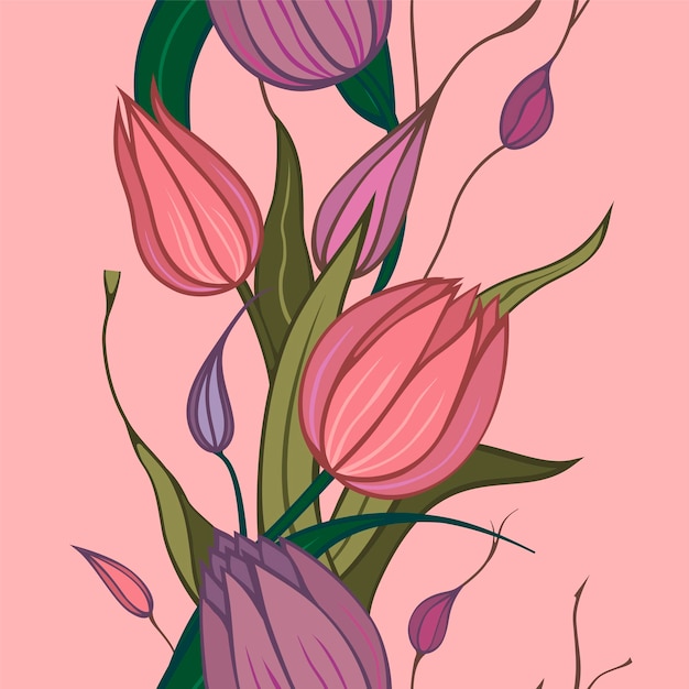 Nahtloser Hintergrund mit rosa und lila Blüten mit Blättern und Knospen