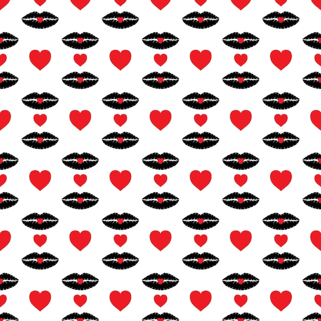 Nahtloser hintergrund schwarze lippen küsst drucke und herzen. valentinstag hintergrund. urlaubsdesign