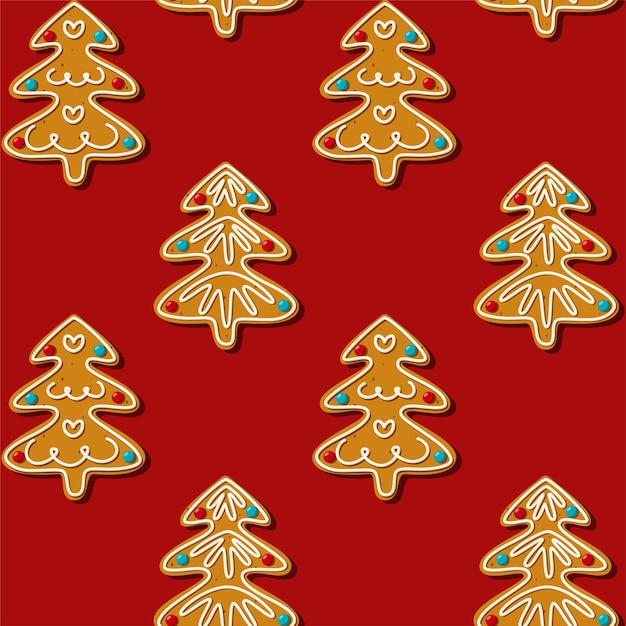 Nahtloser lebkuchen-weihnachtsbaum-keks. muster, roter hintergrund.