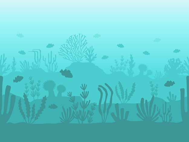 Nahtloser meeresboden. unterwasser-korallenriff-silhouette mit meerespflanzen, fischen und algen. flache meereslandschaft mit unterwasserlebensvektormuster. landschaft mit sand- und tiefwassernatur