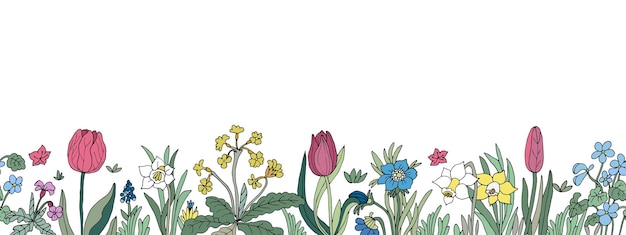 Nahtloser mit Blumenrand Hintergrund mit lokalisierter bunter Hand d