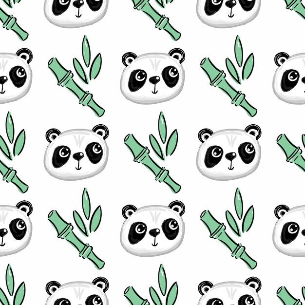 Vektor nahtloser musterhintergrund mit niedlichen panda- und bambusblättern und zweig vektor-illustration-cartoon-figur