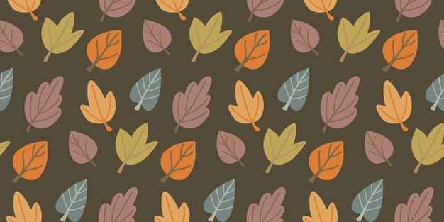 Nahtloser musterhintergrund mit verschiedenen herbstblättern in einfacher organischer flacher handgezeichneter art. netter saisonaler vektorhintergrund des laubs für herbstdesign, thanksgiving