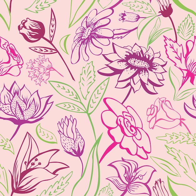 Nahtloser Umrissvektorhintergrund mit rosa und lila Blumen