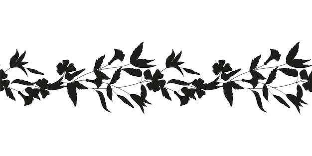 Nahtloser vektor horizontale verzierung von feldkräutern und pflanzen schwarze silhouetten von blumen