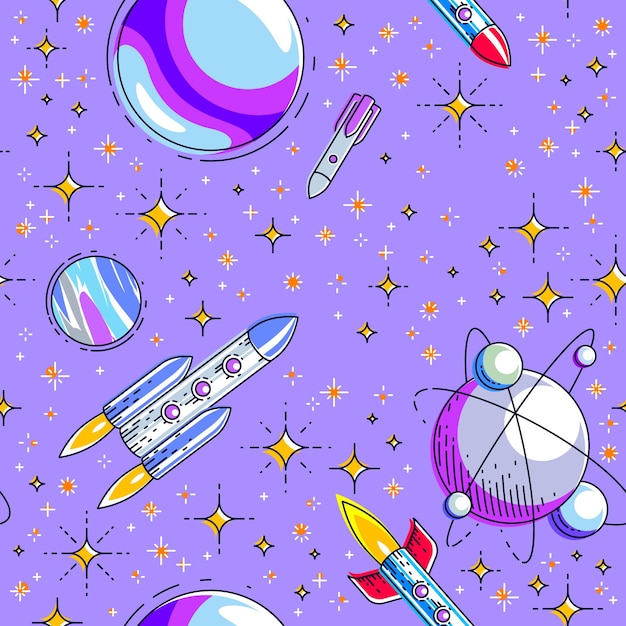 Nahtloser Weltraumhintergrund mit Raketen, Planeten und Sternen, unentdeckter tiefer Kosmos fantastischer und atemberaubender Textilstoff für Kinder, endloses Fliesenmuster, Vektorgrafik-Cartoon-Motiv.