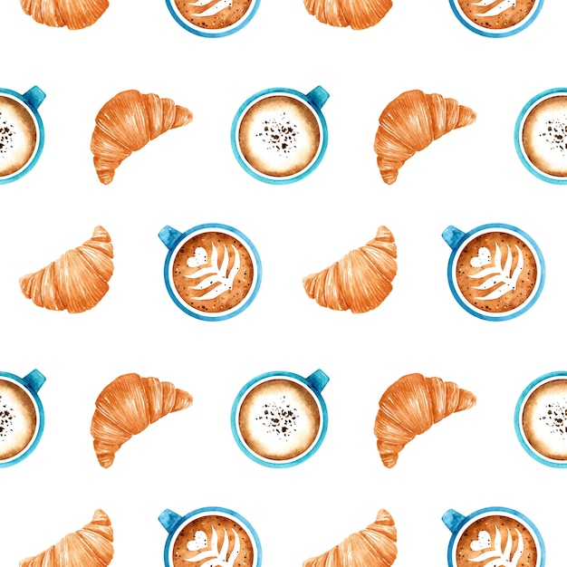 Vektor nahtloses aquarellmuster mit frischen croissants und blauen kaffeetassen mit aromatischem cappuccino