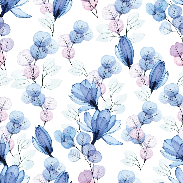 Nahtloses Aquarellmuster mit transparenten blauen Blumen auf weißem Hintergrund Magnolienblüten