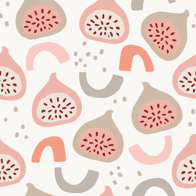 Nahtloses Blumenmuster mit geschnittenen Feigenfrüchten, geometrischen Bogenformen und Punkten Weißer Hintergrund Sommer-Textillebensmittel-Stoffdesign Mediterrane handgezeichnete Vektorhintergrund-Flachillustration