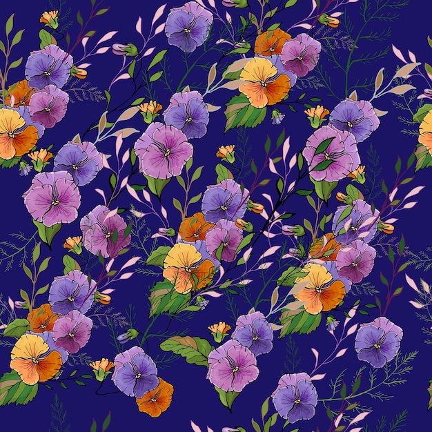 Nahtloses blumenmuster mit mehrfarbigen violablumen