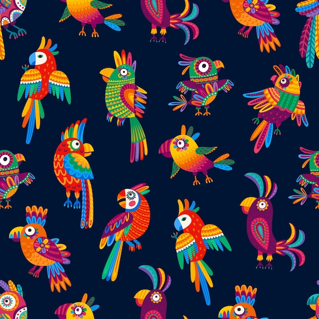 Nahtloses cartoon-muster mit mexikanischen und brasilianischen papageien. nahtloser hintergrund mit stoff- oder textildruck. geschenkpapier-hintergrund-vektormuster mit farbenfrohen dekorativen papageienvögeln im tropischen dschungel