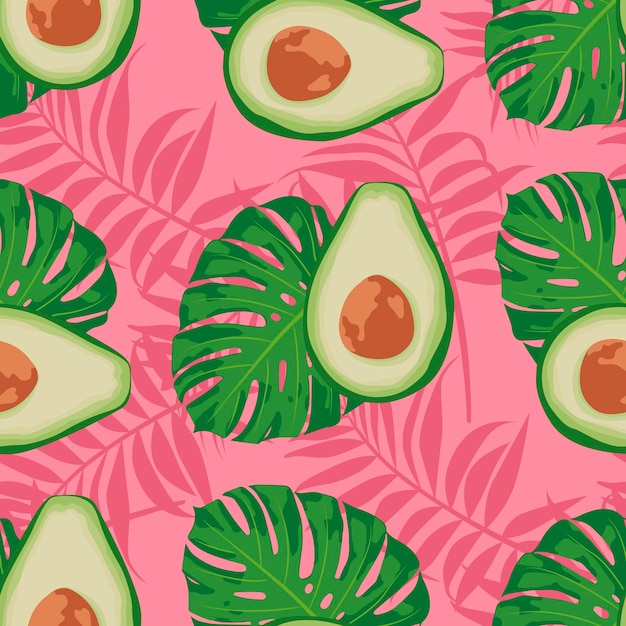 Nahtloses exotisches vektormuster mit avocadoscheiben und blättern von monstera auf trendigem rosa hintergrund