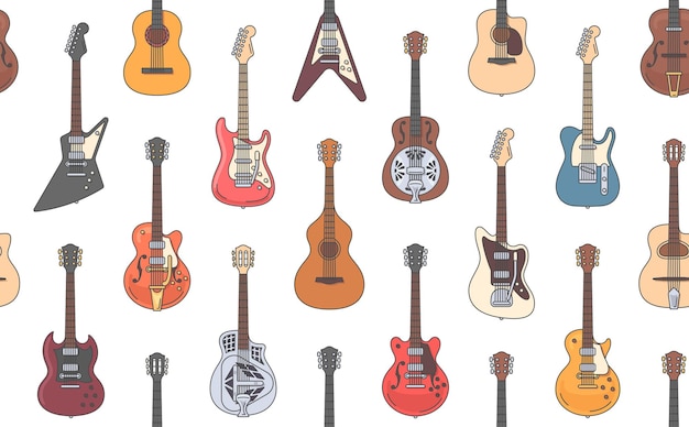 Nahtloses Gitarrenmuster. Verschiedene farbenfrohe Umrisse akustischer und elektrischer Gitarren auf weißem Hintergrund. Vektor-Illustration.