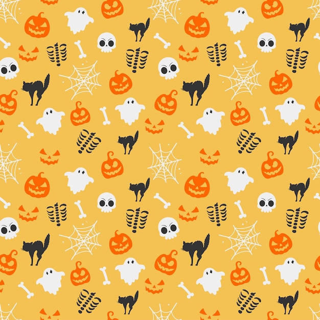 Vektor nahtloses halloween-muster mit geistern, skeletten, kürbissen, katzen und spinnweben auf gelbem hintergrund