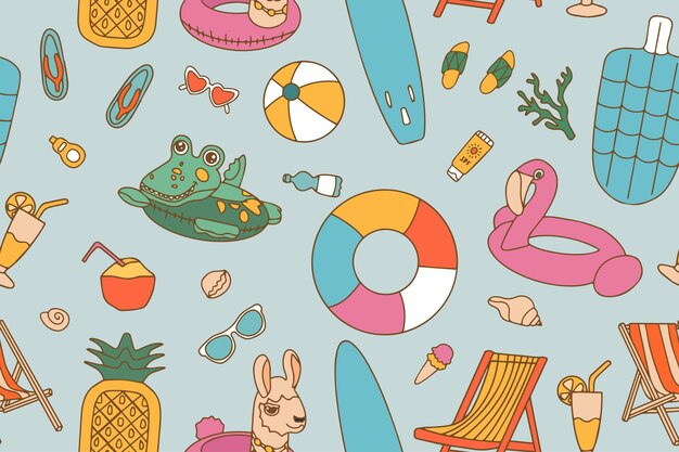 Nahtloses, helles Muster von Schwimmelementen in aufblasbaren Ringen und Strandaccessoires im Doodle-Stil
